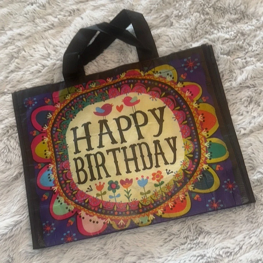 Natural Life Happy Birthday Reusable Gift Bag Boho Floral Birds Recycled Tote